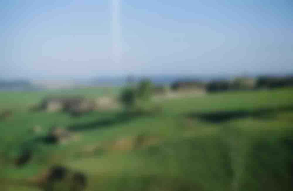 Spring fields seen from a moving train. The streak in the sky is the result of light leaking onto the slide film before processing.