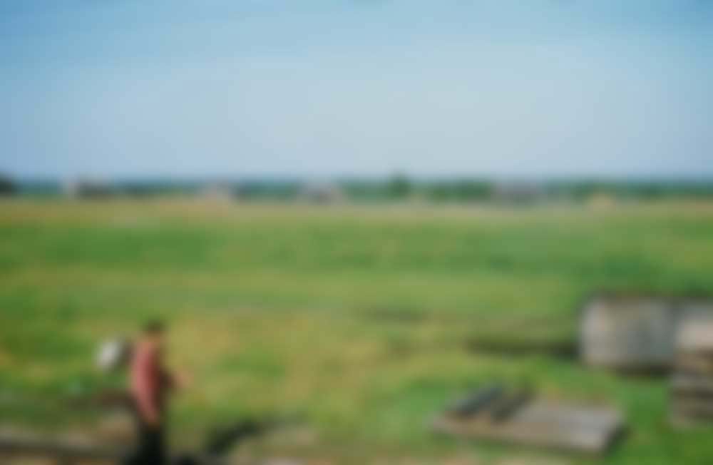 A man at an unknown rural location, seen through the window of a passing train.